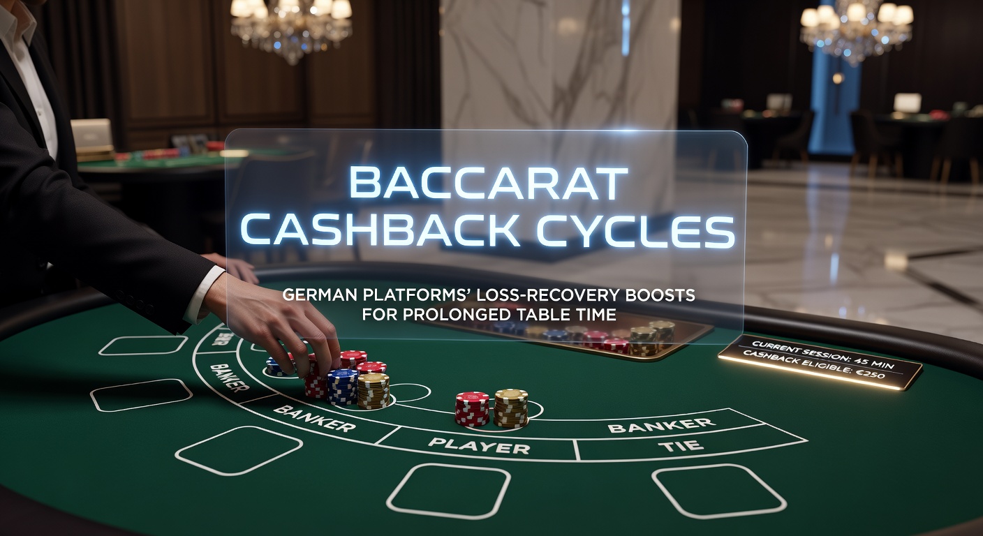 Diagramm eines Cashback-Zyklus mit Pfeilen, die Verluste in verlängerte Spielzeiten umwandeln, inklusive Baccarat-Karten und Euro-Symbolen