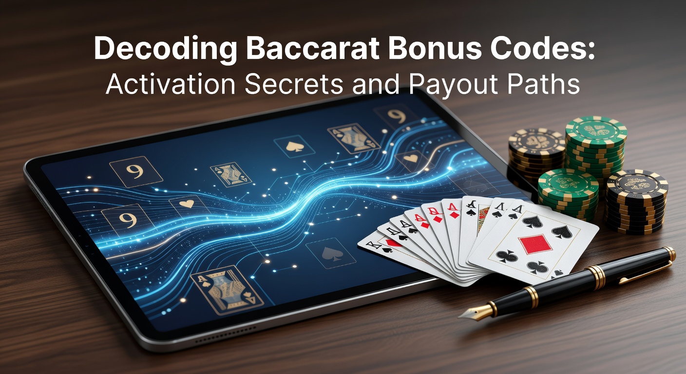 Digitale Darstellung eines Baccarat-Tisches mit leuchtenden Bonus-Codes und Auszahlungspfaden im Hintergrund