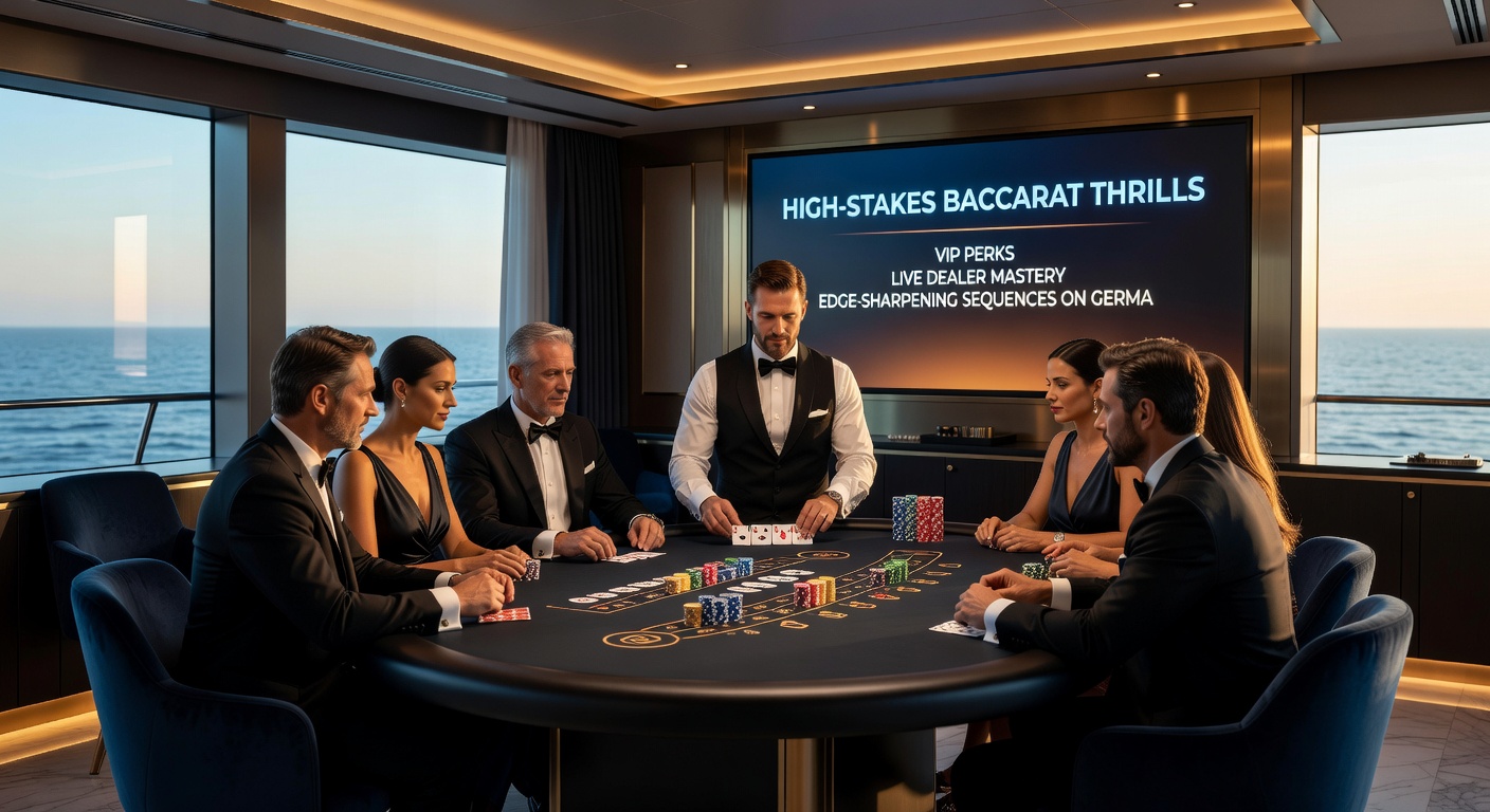 Live-Dealer bei einer intensiven High-Stakes Baccarat-Runde mit VIP-Spielern auf einer lizenzierten Plattform